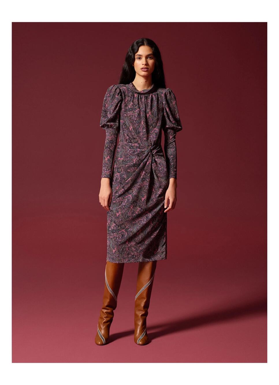 Rebecca Taylor Hudson Paisley Silk Gathered Long Sleeve Dress Size 6 Pink